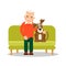 Modern old man sitting on couch next to him is a dog. Retirement concept. Leisure pensioner. Senior with adorable pet. Flat design