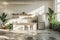 Modern open-plan kitchen with minimalist design and indoor plants