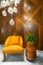 Modern orange armchair, tall rounded wooden planter with green bushes, tall glass chandelier, and wood cladding wall
