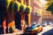 An modern orange electric car parked on a city street in front of an orange building. Sunny summer day. Created with Generative AI