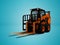 Modern orange forklift loader with scuffs on the case 3d render on blue background with shadow