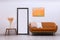 Modern orange painting and furniture in living room interior