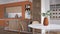 Modern orange and wooden kitchen, Island, parquet and decors. Dining table with chairs, open wine cellar, shelves with pottery and