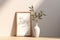 Modern organic vase with olive branch complements sunlit wooden frame mockup