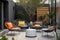 modern outdoor space with a variety of seating options and pops of color