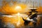 Modern painting of golden sunset seascape Artist collection of animal painting for decoration and interior boat