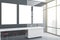 Modern panoramic concrete living room interior with empty banners, city view, sunlight, counters and bookshelf. Mock up, 3D