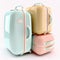 Modern pastel color suitcases on white background. Generative AI