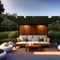 Modern patio furniture include a pergola shade structure, an awning, a patio roof, a dining table, seats, and a metal gr