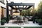 Modern patio furniture include a pergola shade structure, an awning, a patio roof, a dining table, seats, and a metal grill.