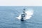 Modern patrol navy ship sails in the sea during territory patrol mission.Peace keeping operation sea patrol