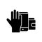 Modern payment methods. Silhouette hand, digital device, wallet. Cash, credit card, paywave technology, microchip under skin.