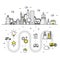 Modern petrol industry thin block line flat icons and composition with gas station technology and development gasoline program