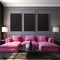 modern pink and black living room with 3 blank canvases on the wall