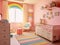 Modern pink colorful toddler bedroom with decoration. Generative AI