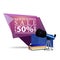 Modern pink geometric discount banner to the back to school with telescope, map of the constellations.
