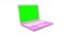Modern pink laptop with a blank green screen appearing on a white background. There is an alpha channel.