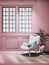 Modern Pink living room interior background with armchair and window. room interior mock up, vintage living room mockup