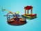Modern playground for children with sandbox and swings 3d render on blue background with shadow