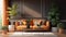 Modern Plush, luxurious interior living room. Ultra modern, minimalistic and contemporary. orange decorated room with plants.