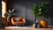 Modern Plush, luxurious interior living room. Ultra modern, minimalistic and contemporary. orange decorated room with plants.