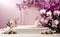 Modern Podium with blooming orchids background