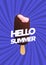 Modern poster template with bitten ice cream on stick and Hello Summer inscription against purple background. Ice pop