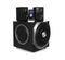 Modern powerful audio speaker system with remote on white background