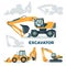 Modern powerful excavator for building and construction set