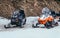 Modern powerful snowmobiles. Speed winter transport in the mountains