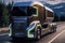 Modern powerful truck with glowing headlights on the road. 3d rendering, generative ai