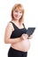 Modern pregnant woman holding wireless tablet pc or pad