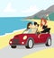 Modern prince driving cabriolet car, friends travel by car to the sea vector illustration