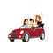 Modern prince driving cabriolet car, happy friends in a car comic characters cartoon vector Illustration