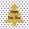 Modern print gold sparkle Christmas tree text Happy New Year on black polka dot seamless pattern