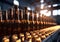 Modern production line on beer factory conveyor with brown glass bottles.Macro.AI Generative