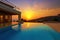 Modern property with blue private pool, sunrise. Generative ai