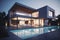 Modern property with a swimming pool, evening. Generative ai