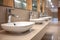 Modern public bathroom concept row of white ceramic washbasins, faucets