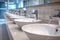 Modern public bathroom concept row of white ceramic washbasins, faucets