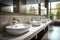 Modern public bathroom with white ceramic wash sink basins and mirror