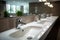 Modern public bathroom with white ceramic wash sink basins and mirror