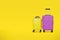 Modern purple yellow suitcases bag on yellow background. luggage set for copy space. minimal concept.