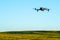 A modern quadcopter flies over a field of sunflowers against the sunset. The use of modern technologies in the agro-industrial