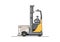 Modern reach truck forklift with the operator and cargo