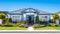 Modern Real Estate Front Exterior Blue and White Color Scheme with landscaping. AI Generative