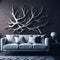 Modern Realistic Living Room Interior Design, Cozy Sofa Front Of Wall With Art Handmade Wood Branch Decorative Piece Panel,