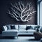 Modern Realistic Living Room Interior Design, Cozy Sofa Front Of Wall With Art Handmade Wood Branch Decorative Piece Panel,