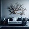 Modern Realistic Living Room Interior Design, Cozy Sofa Front Of Wall With Art Handmade Wood Branch Decorative Piece Panel,