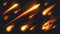 Modern realistic set of falling comets, asteroids, and meteors with flame trails. Modern realistic set of flying